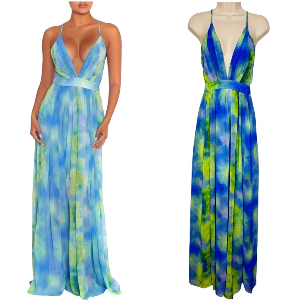 Luxxel Women Blue Green Tie Dye Maxi Dress M Babydoll Empire Waist Artsy Beach